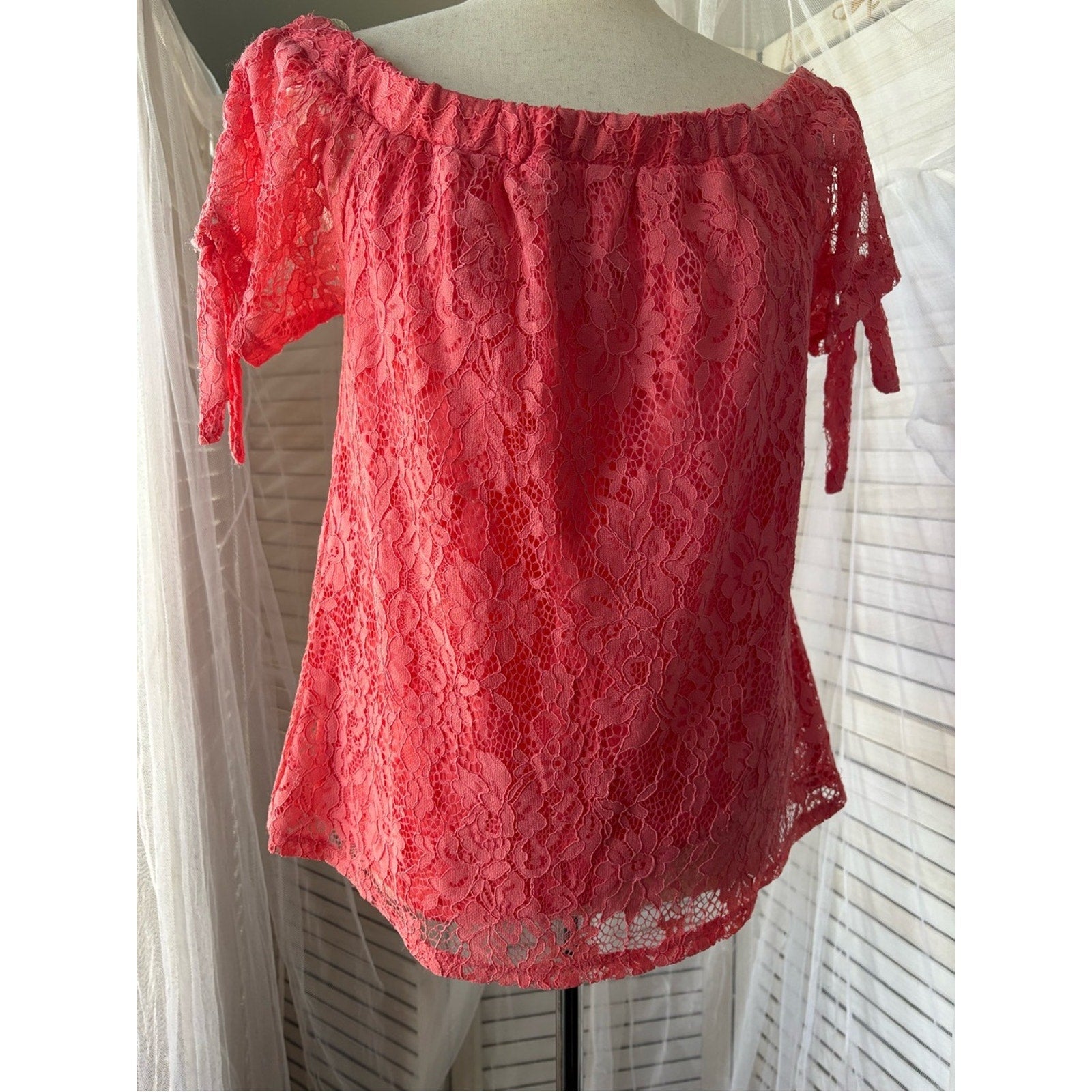 Coral Lace Off-Shoulder Camisole with Tie Sleeves