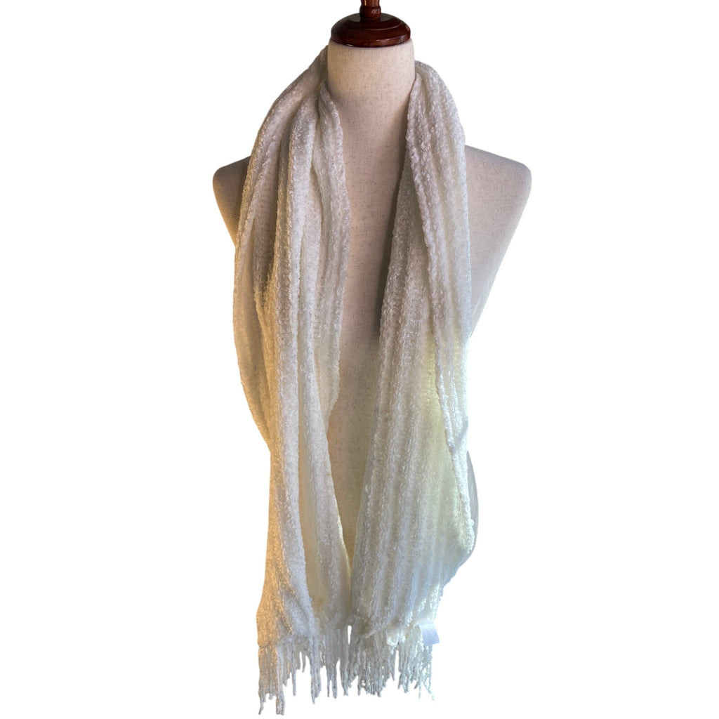 White Textured Boucle Fringe Scarf Long Cozy Winter Wrap