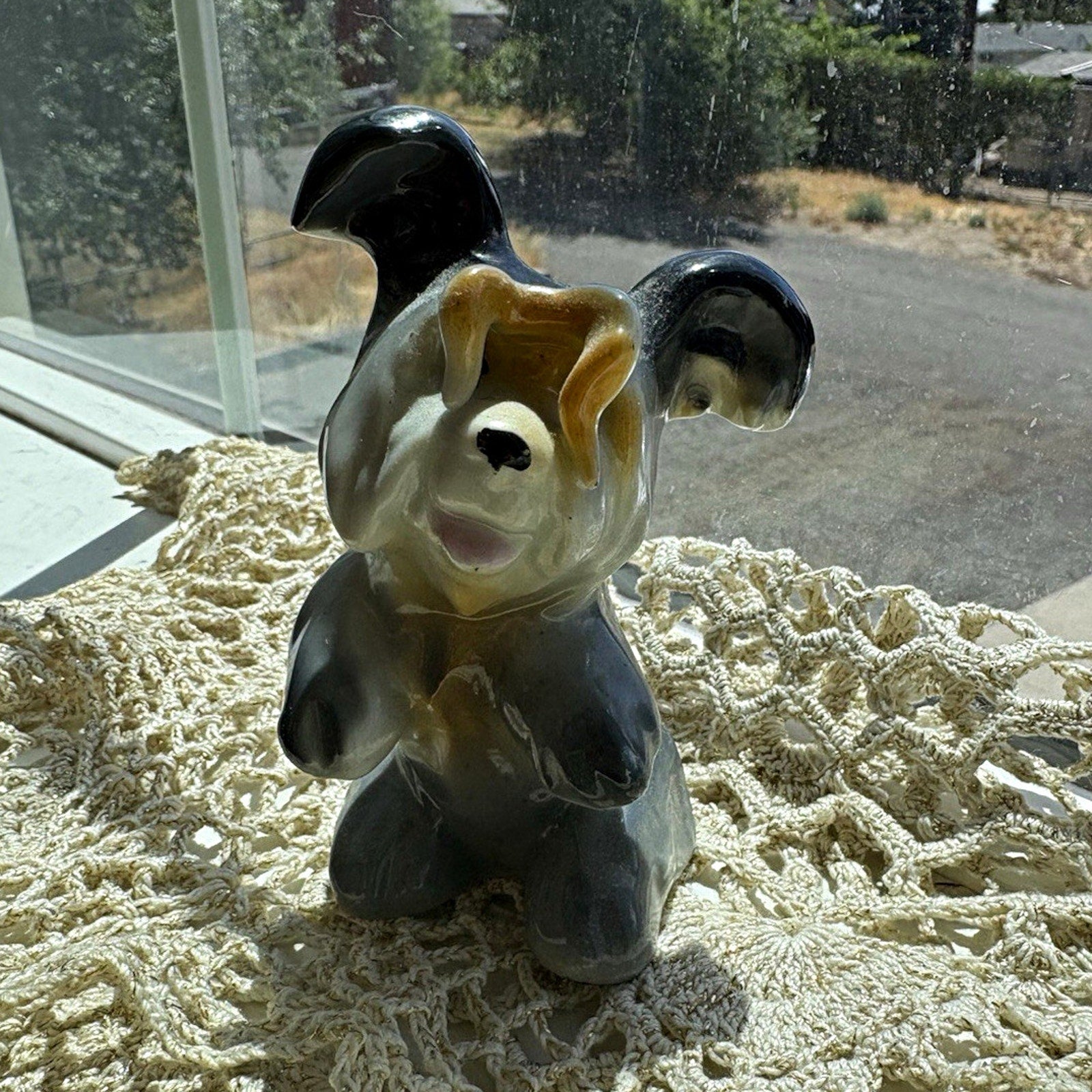 Ceramic Dog Figurine, Non Breed Specific, Black Gray Tan