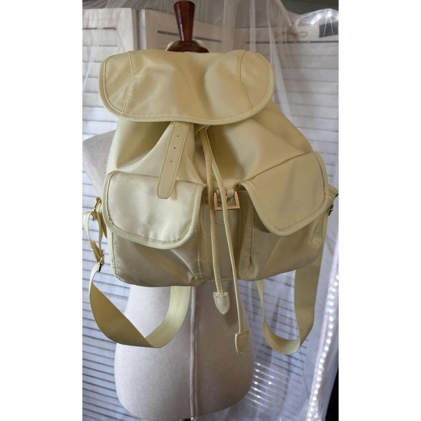 Year of Ours Cream Medium Drawstring Backpack w/ Buckle, Pockets