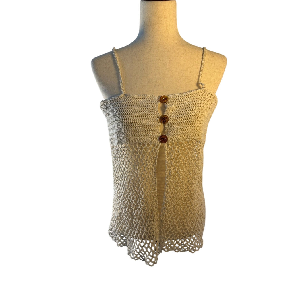 Cream Crochet Button-Front Spaghetti-Strap Camisole- adjustable