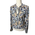 CeCe Women’s Medium Navy Floral Tie Neck Ruffle Long Sleeve Blouse