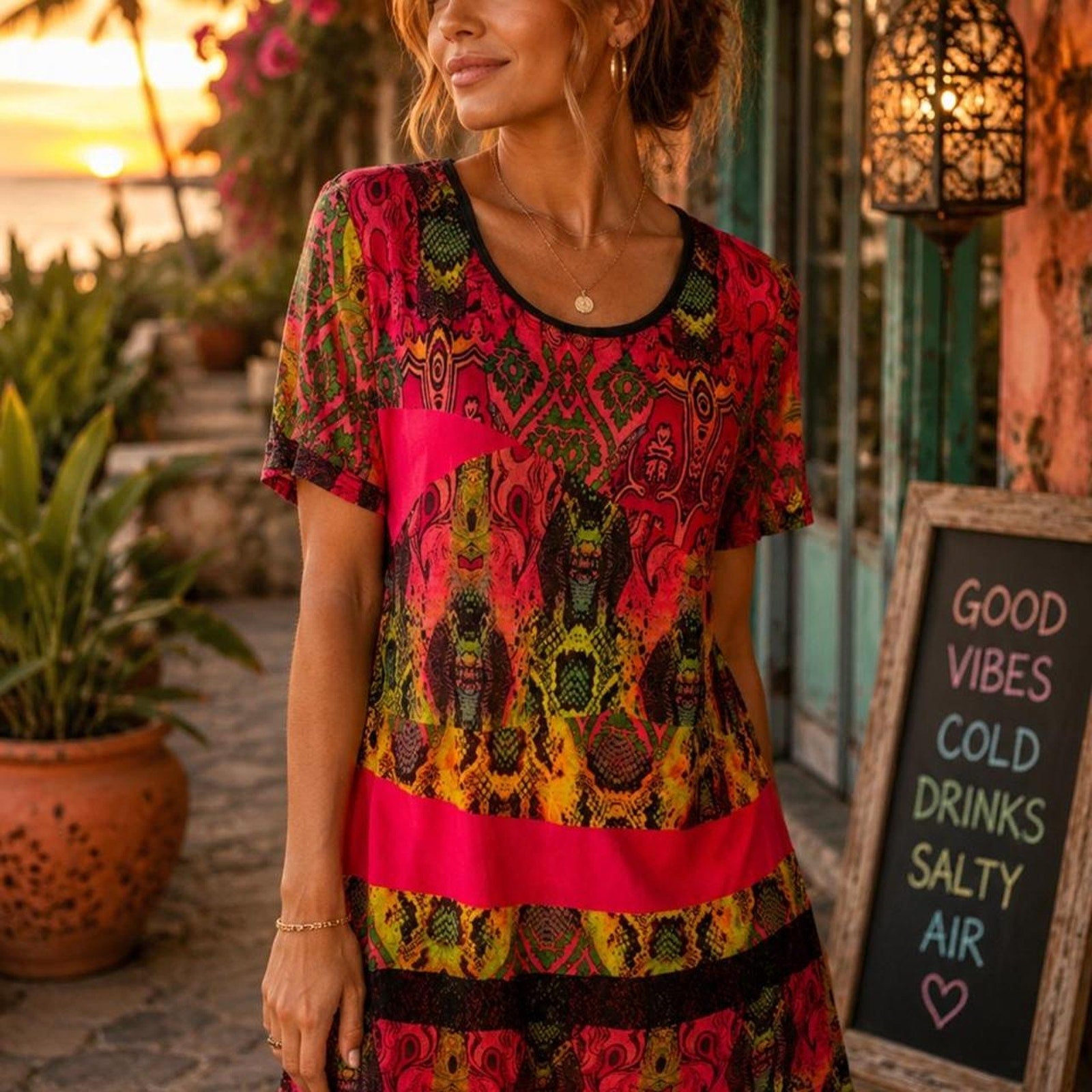 Calesssa black & pink dress with multicolored geometric and tribal print, size M