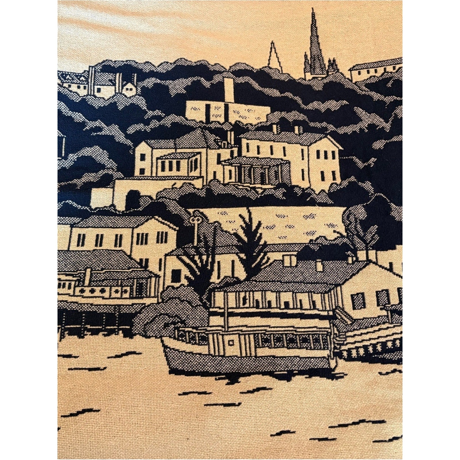 Vintage Navy and Cream Coastal Scene Woven Throw