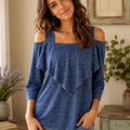 Blue off the shoulder top with ruffle detail. Size: S