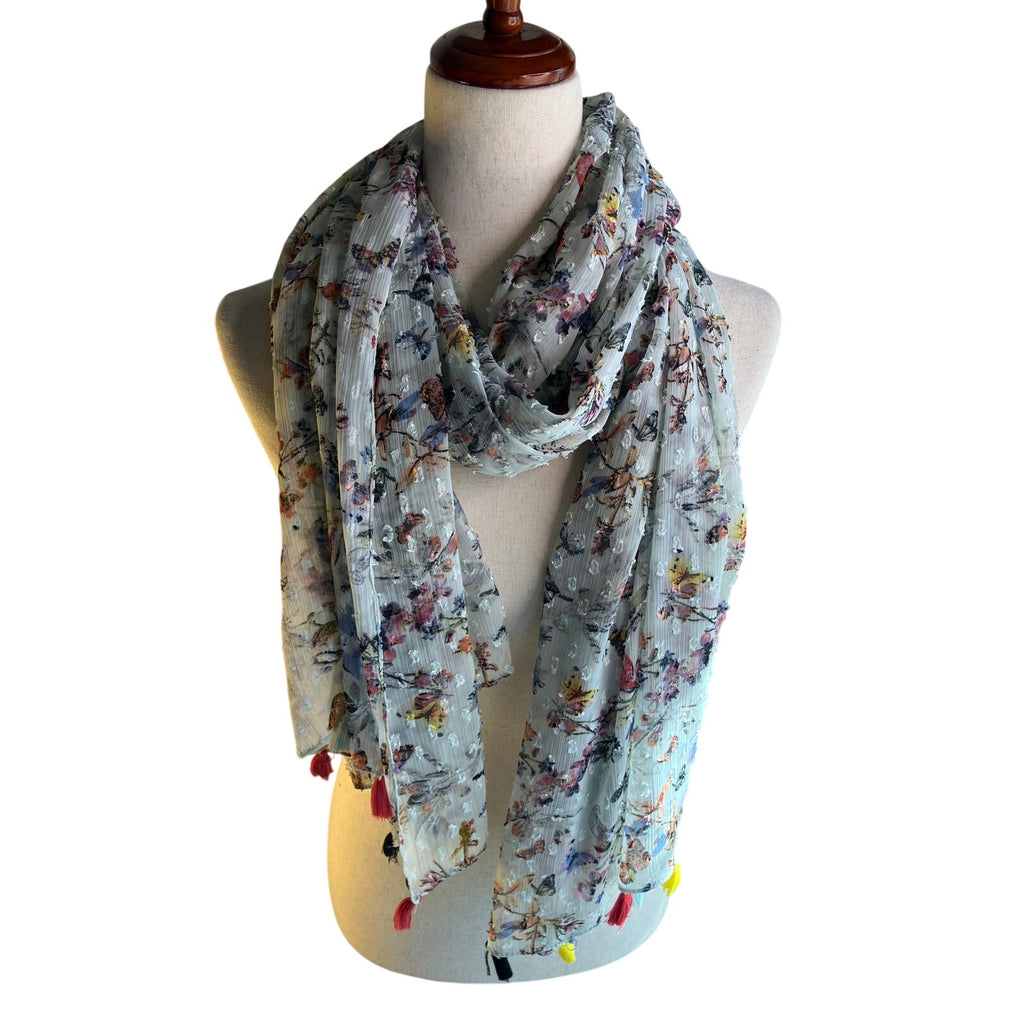 Sheer Sage Floral Butterfly Print Scarf Colorful Tassels Boho Lightweight Wrap