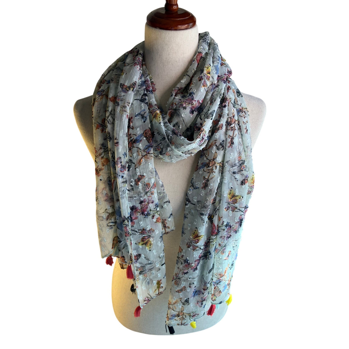Sheer Sage Floral Butterfly Print Scarf Colorful Tassels Boho Lightweight Wrap