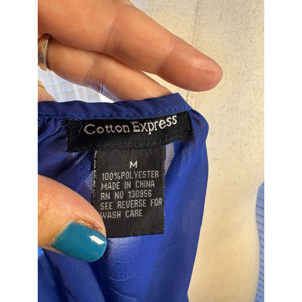 Cotton Express Sheer Chiffon Lace Button-Front Blouse Blue Scoop Neck 3/4 M