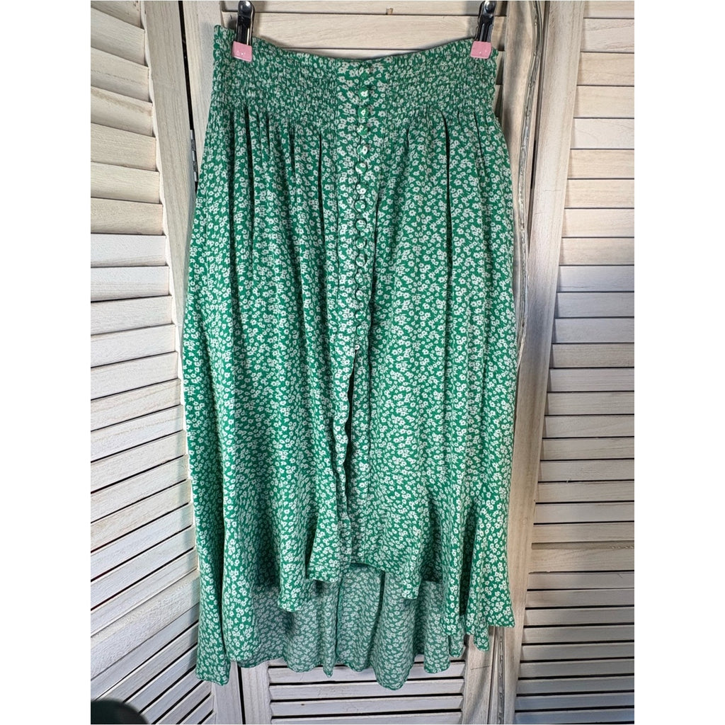 Women's Green Floral High-Low Button Front Skirt Size S