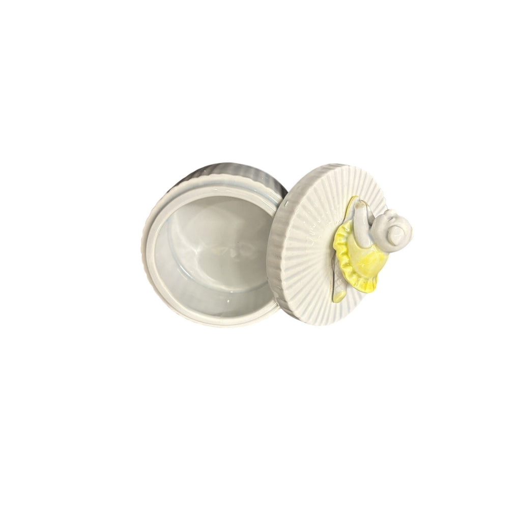 Fitz and Floyd Round Ceramic Trinket Box, White/Yellow, Removable Lid