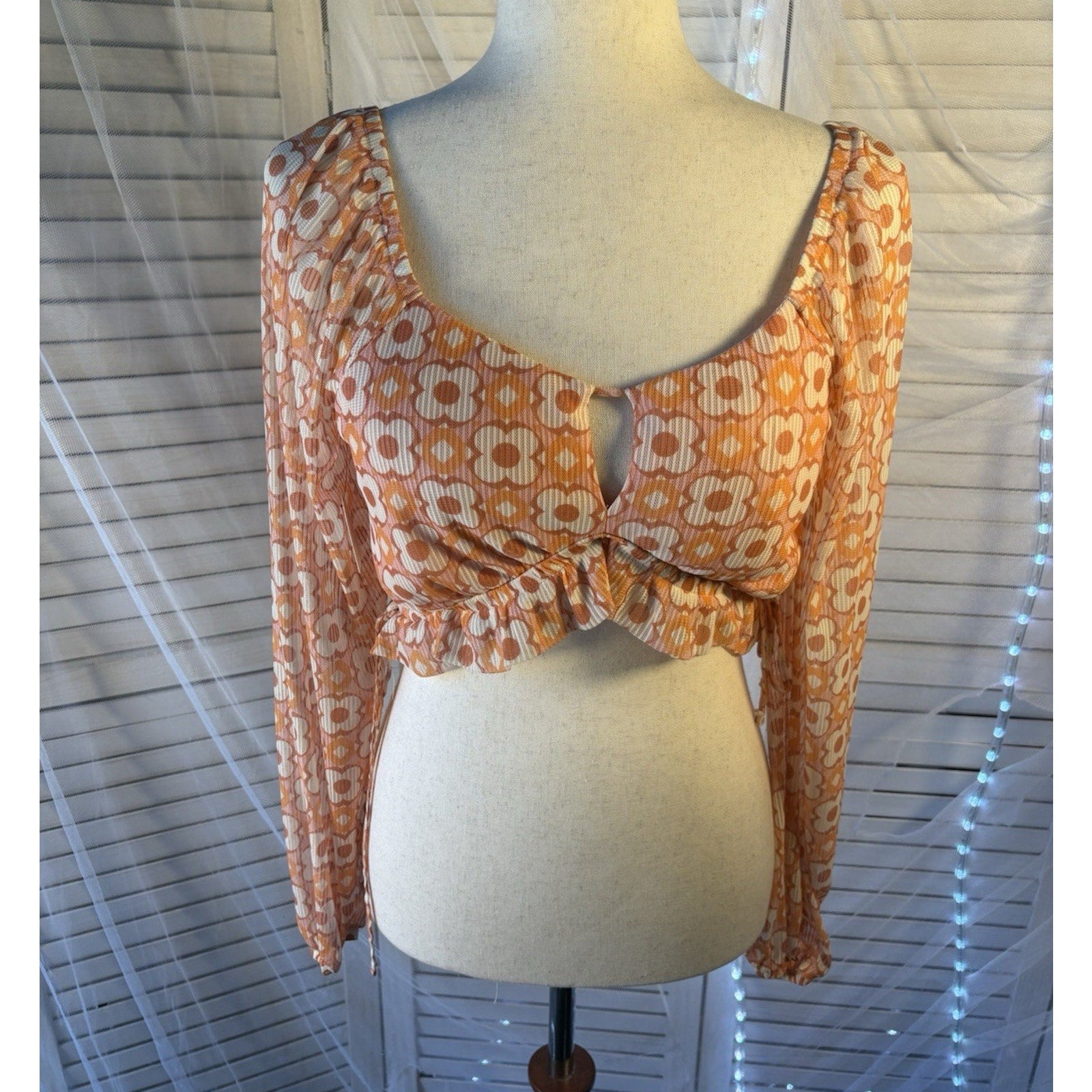 Floral Cropped Blouse Orange White Scoop Neck Long Sleeve L
