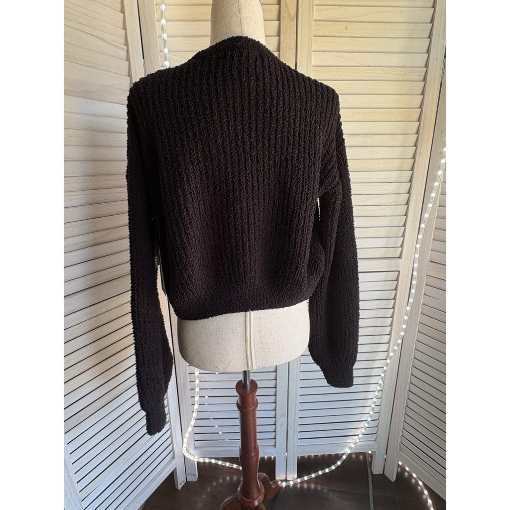Willow Moon Black Solid Knit V-Neck Button Front Long Sleeve Cardigan Sweater M