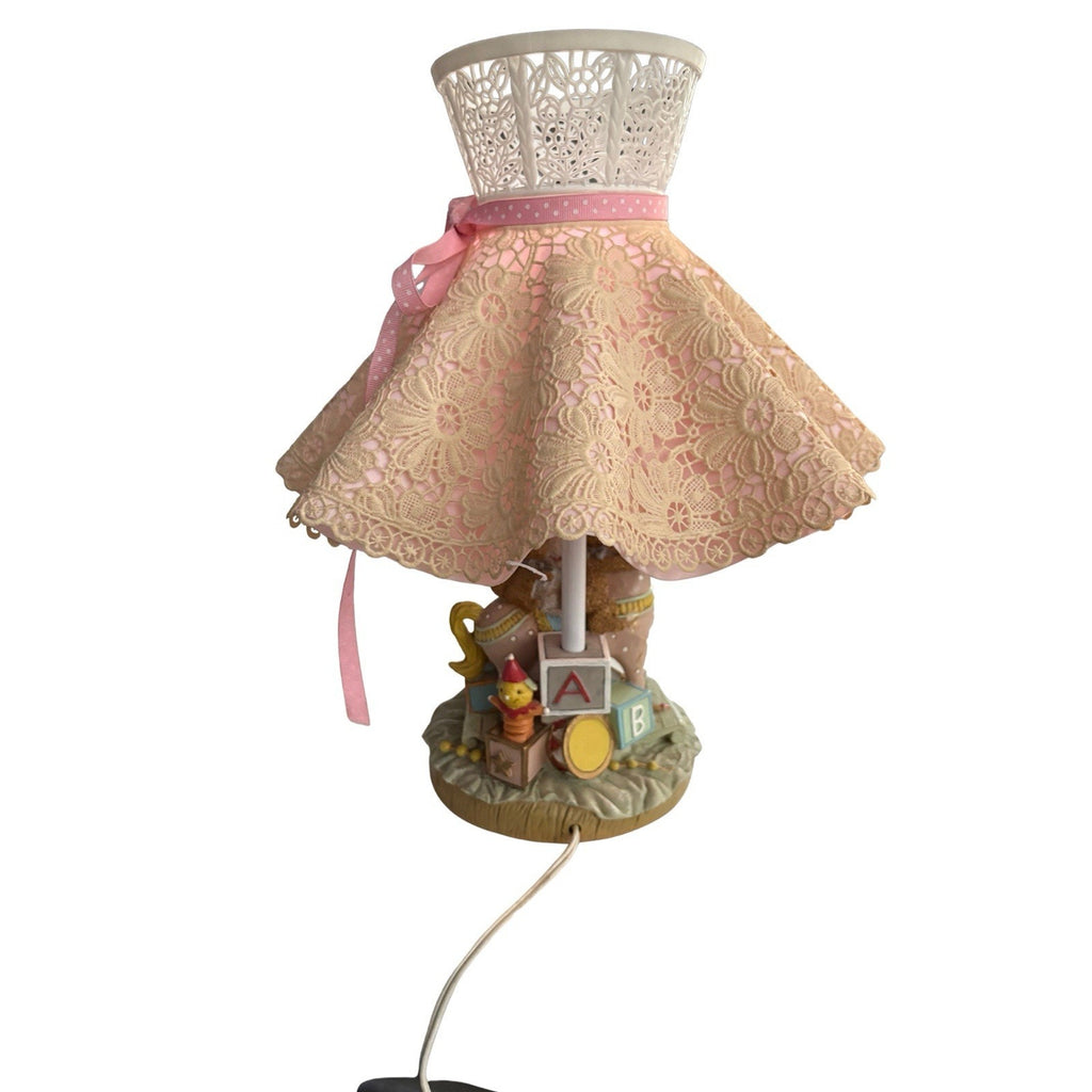 Vintage Teddy Bear Nursery Table Lamp with Pink Lace Shade – 11" Tall