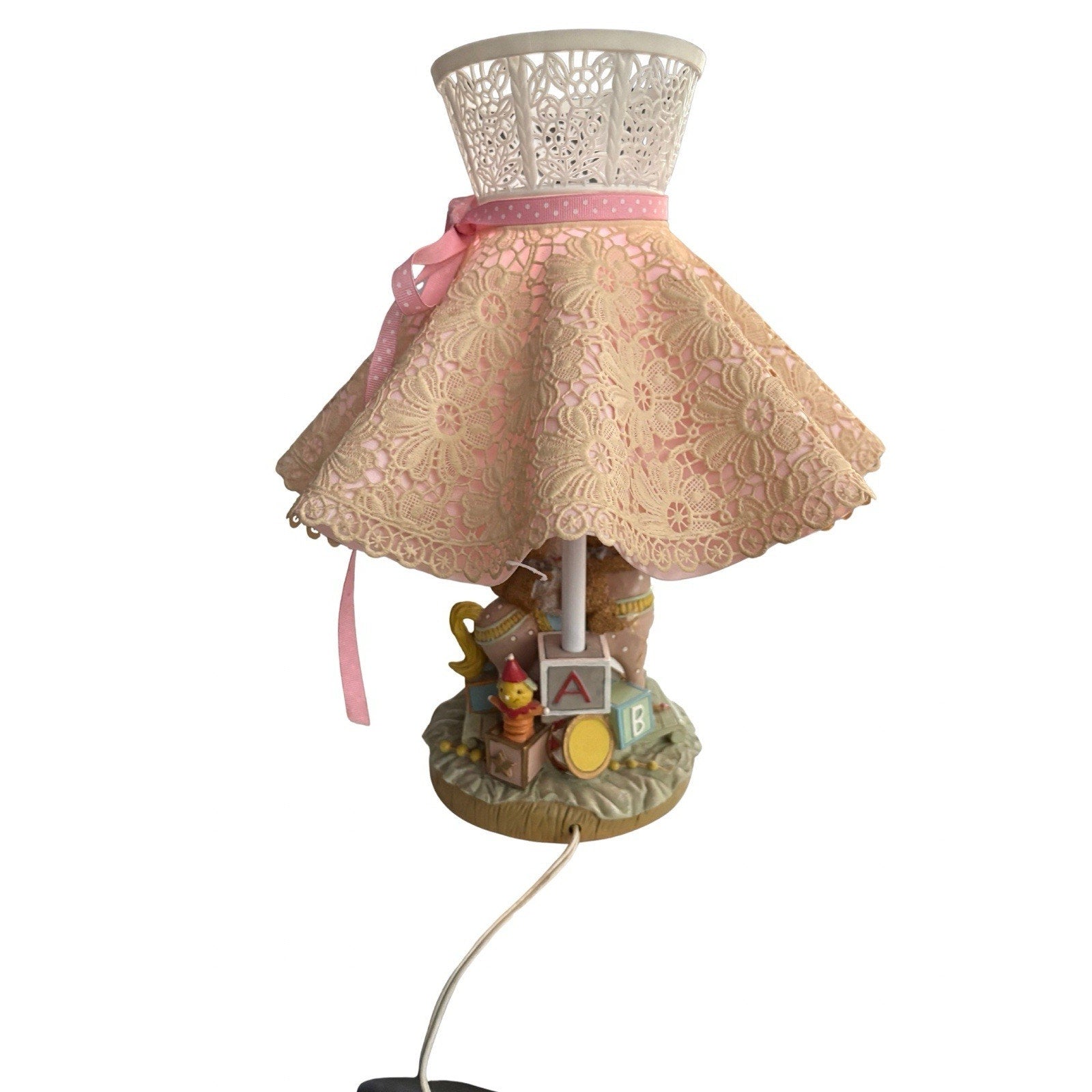 Vintage Teddy Bear Nursery Table Lamp with Pink Lace Shade – 11" Tall