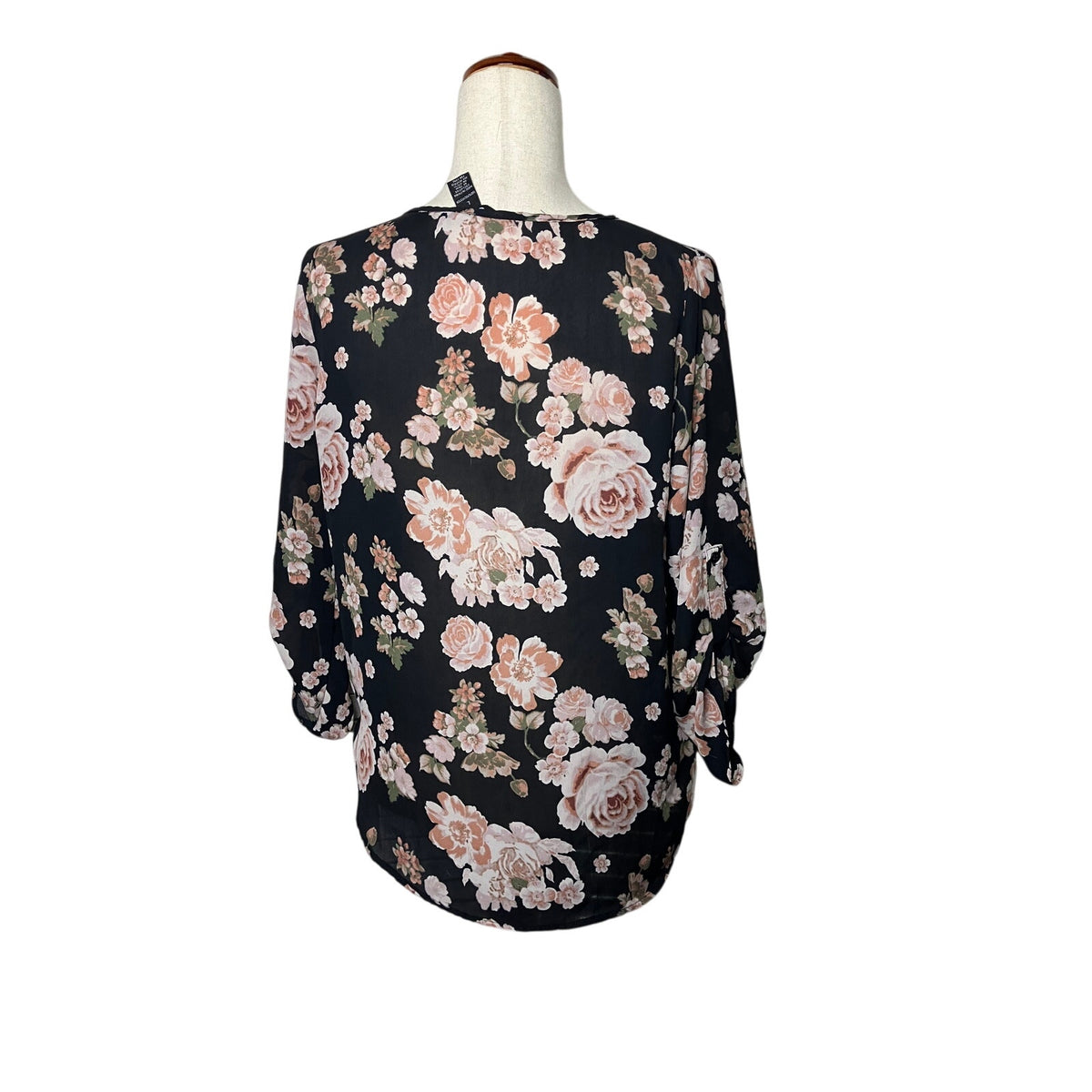 Justify Women’s Large Black Pink Floral Surplice Wrap Front Blouse | Large