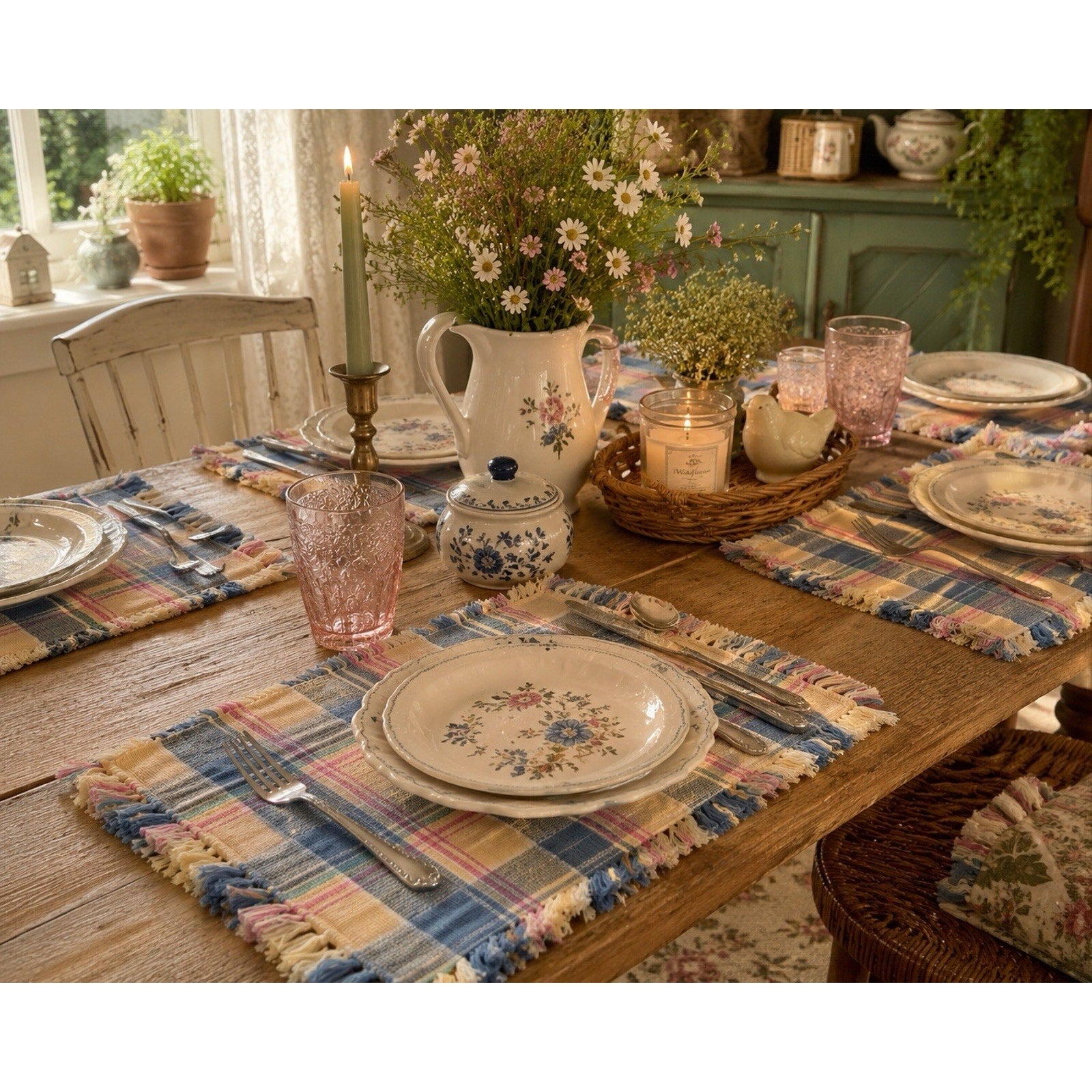 Vintage Cottagecore Plaid Woven Placemats Set of 8 Blue Pink Fringe Farmhouse