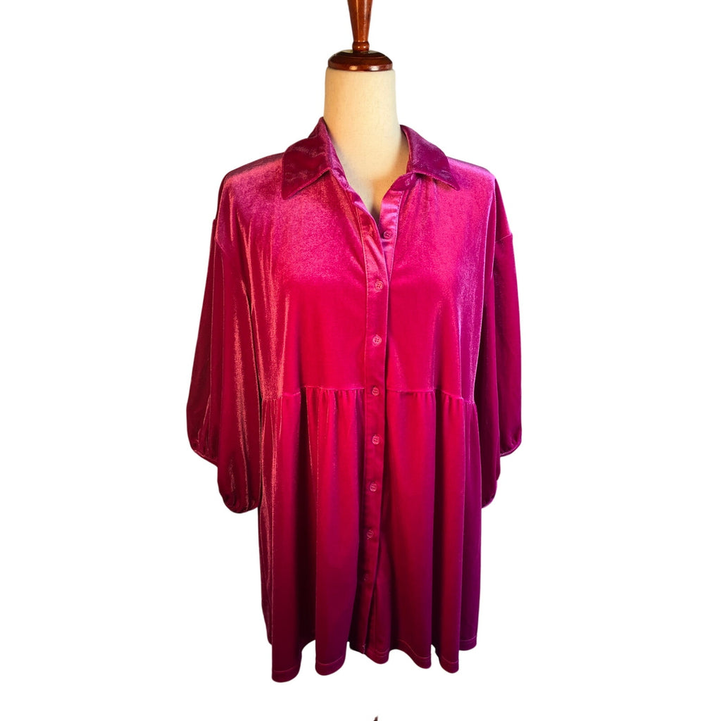 Pink Velour Button Up Blouse 3/4 length sleeves