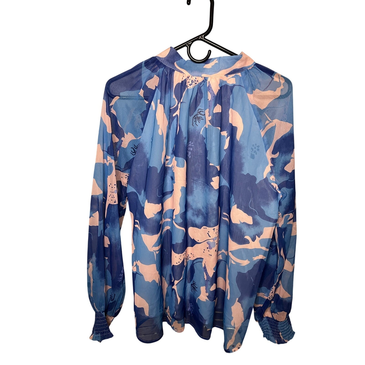 Zesica Women’s Large Blue Pink Abstract Floral Sheer Button Blouse