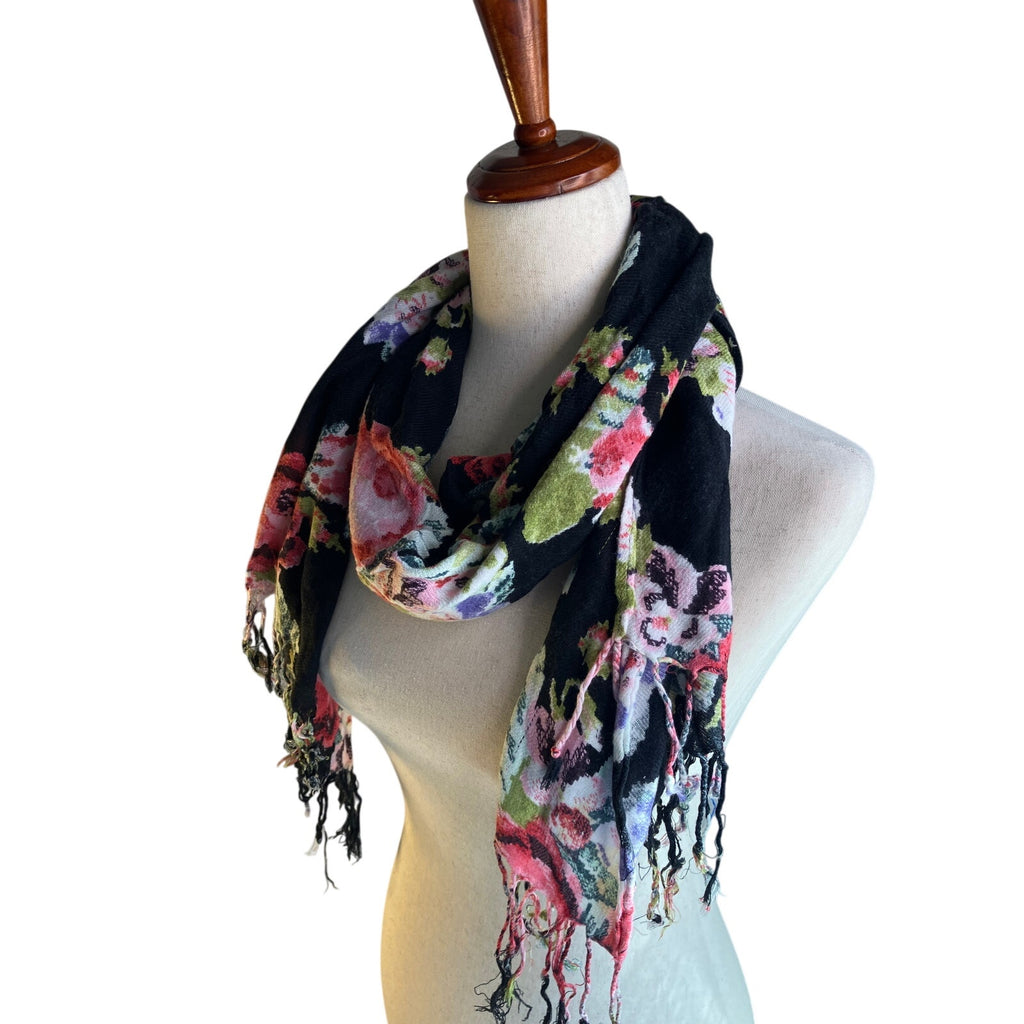 Black Floral Rose Print Fringe Scarf Boho Romantic Wrap