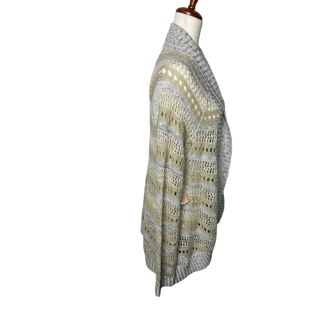 Nine West America Large Open Knit Cardigan Gray Cream Boho Shawl Collar