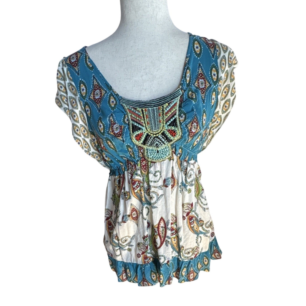 One World Live And Let Live Blue Paisley Embroidered Tunic Blouse Rayon M