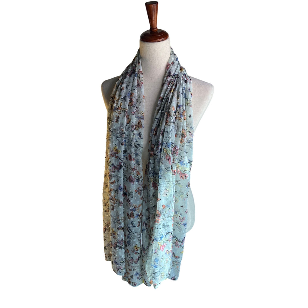 Sheer Sage Floral Butterfly Print Scarf Colorful Tassels Boho Lightweight Wrap