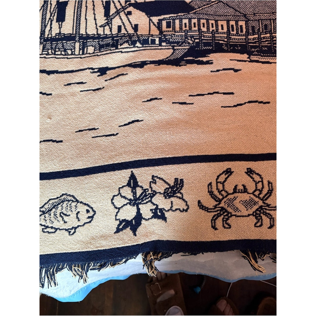 Vintage Navy and Cream Coastal Scene Woven Throw