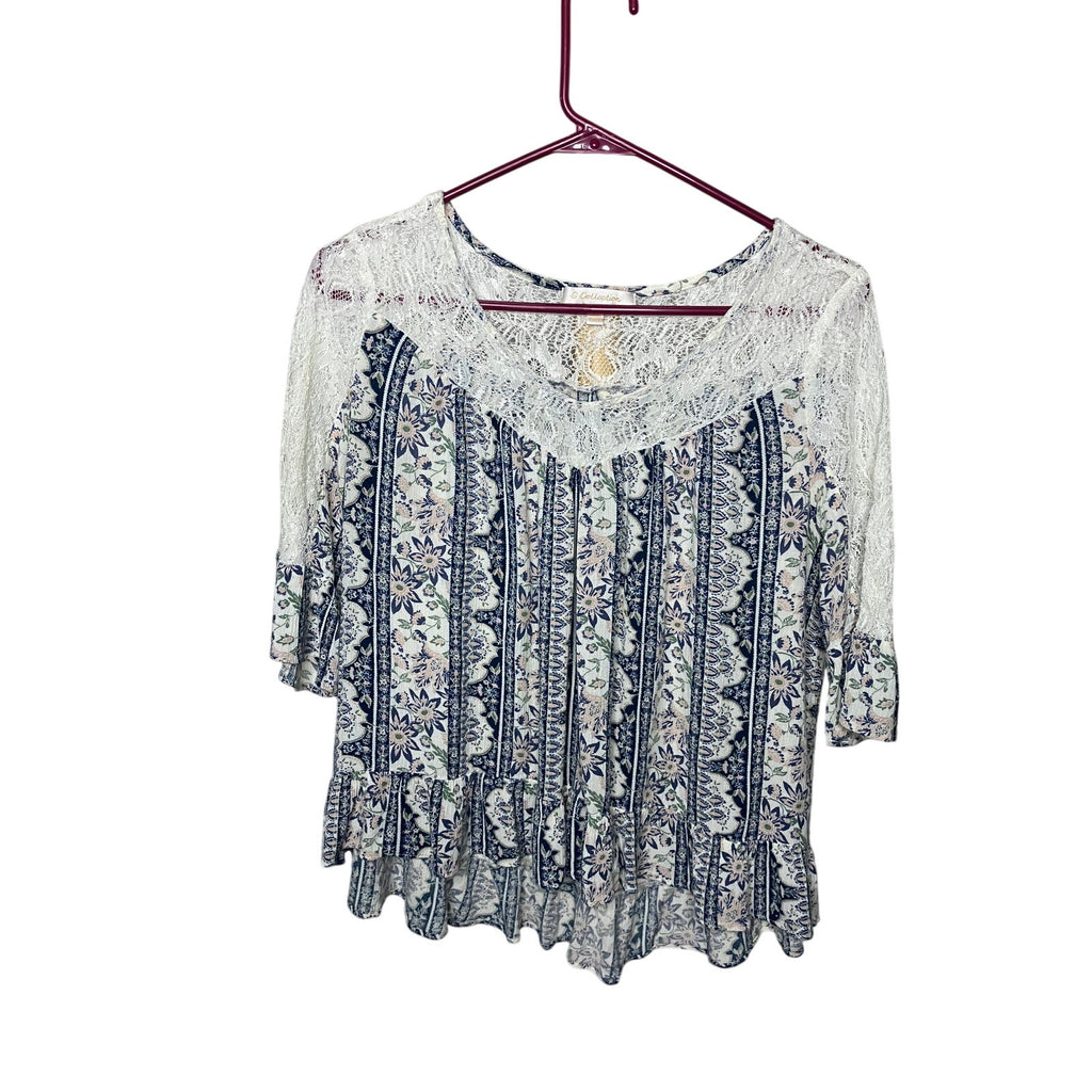 Collection Blue Floral Boho Lace Yoke Ruffle Hem Tunic Top XL