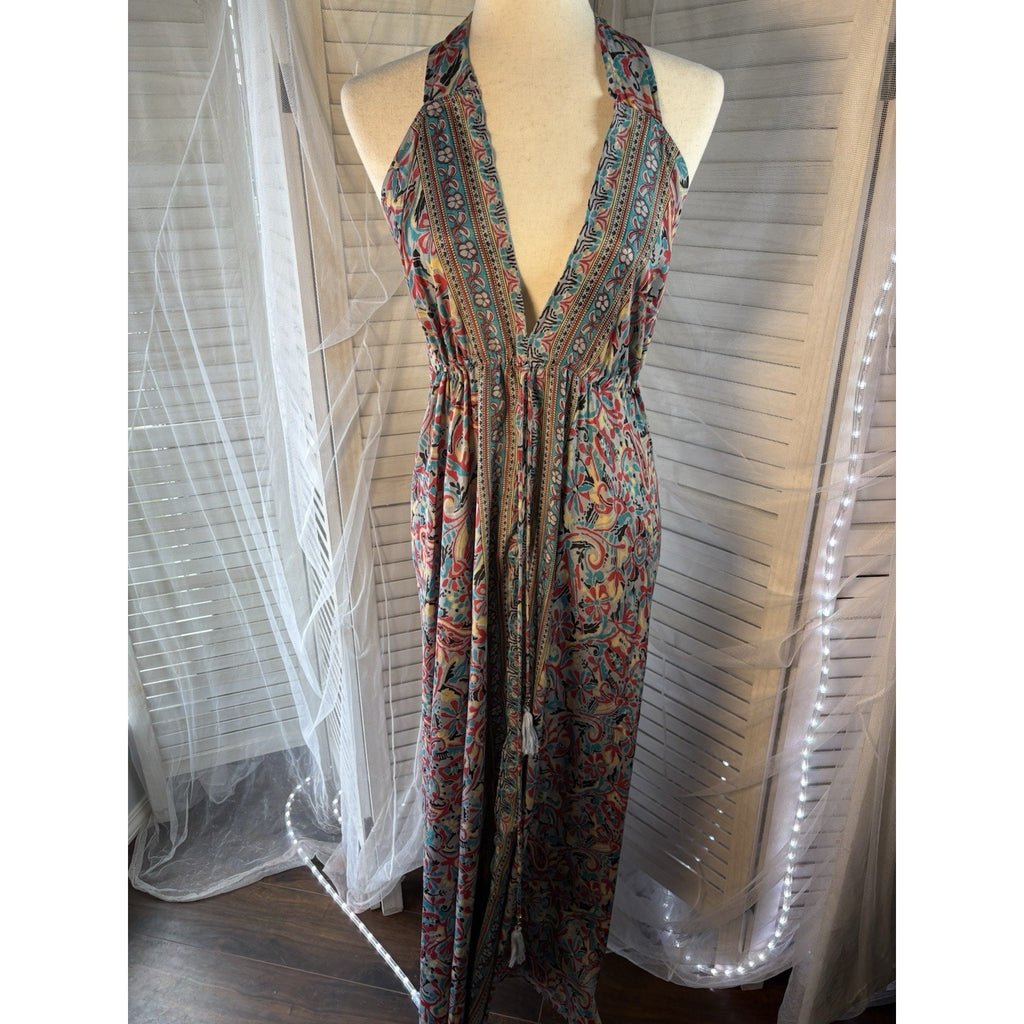 VTG Silk YNDU Multicolor Paisley Halter Backless dress One Size