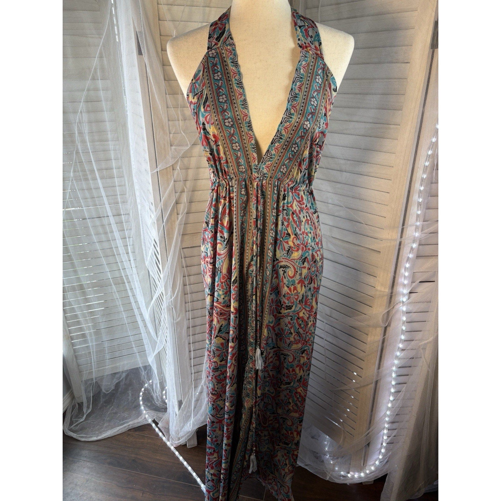 VTG Silk YNDU Multicolor Paisley Halter Backless dress One Size