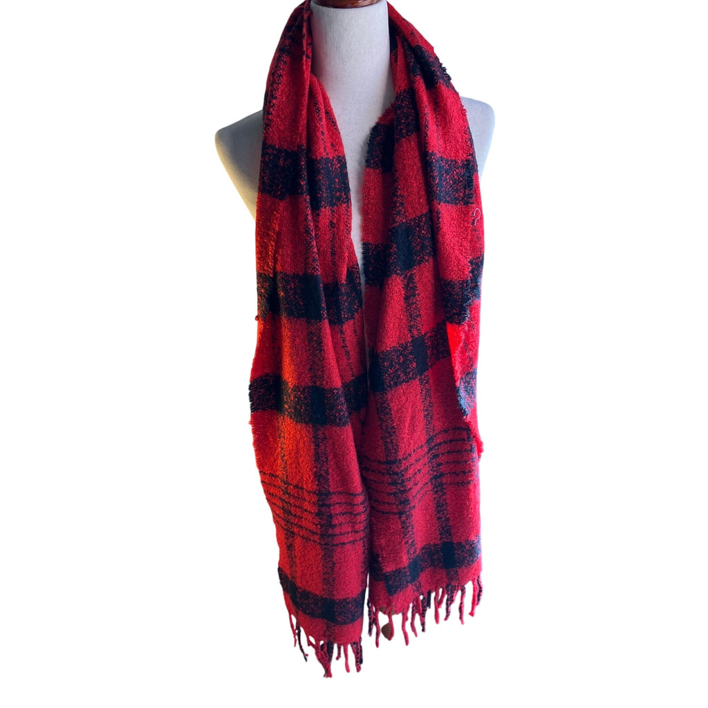 GAP Red Black Buffalo Plaid Oversized Blanket Scarf Fringe 2018