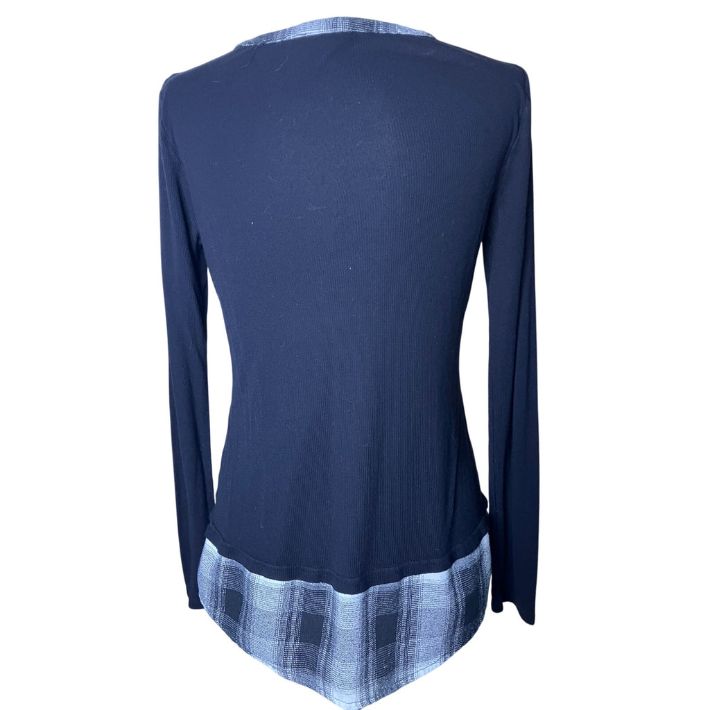 Venus Black Ribbed Henley Tunic Top with Plaid Trim Long Sleeves