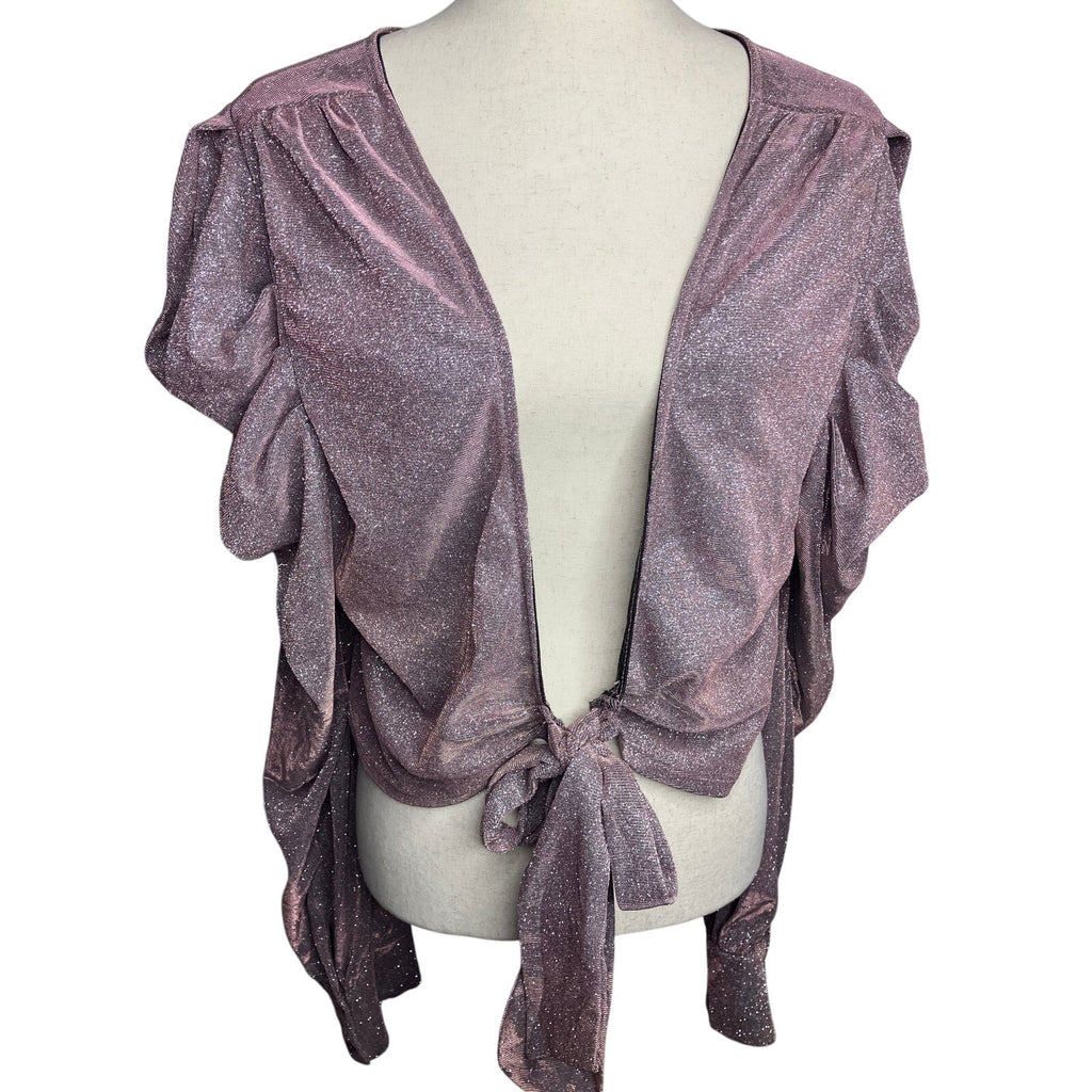 Metallic Mauve Pink Sparkle Ruffle Sleeve Tie Front Crop Top 3XL