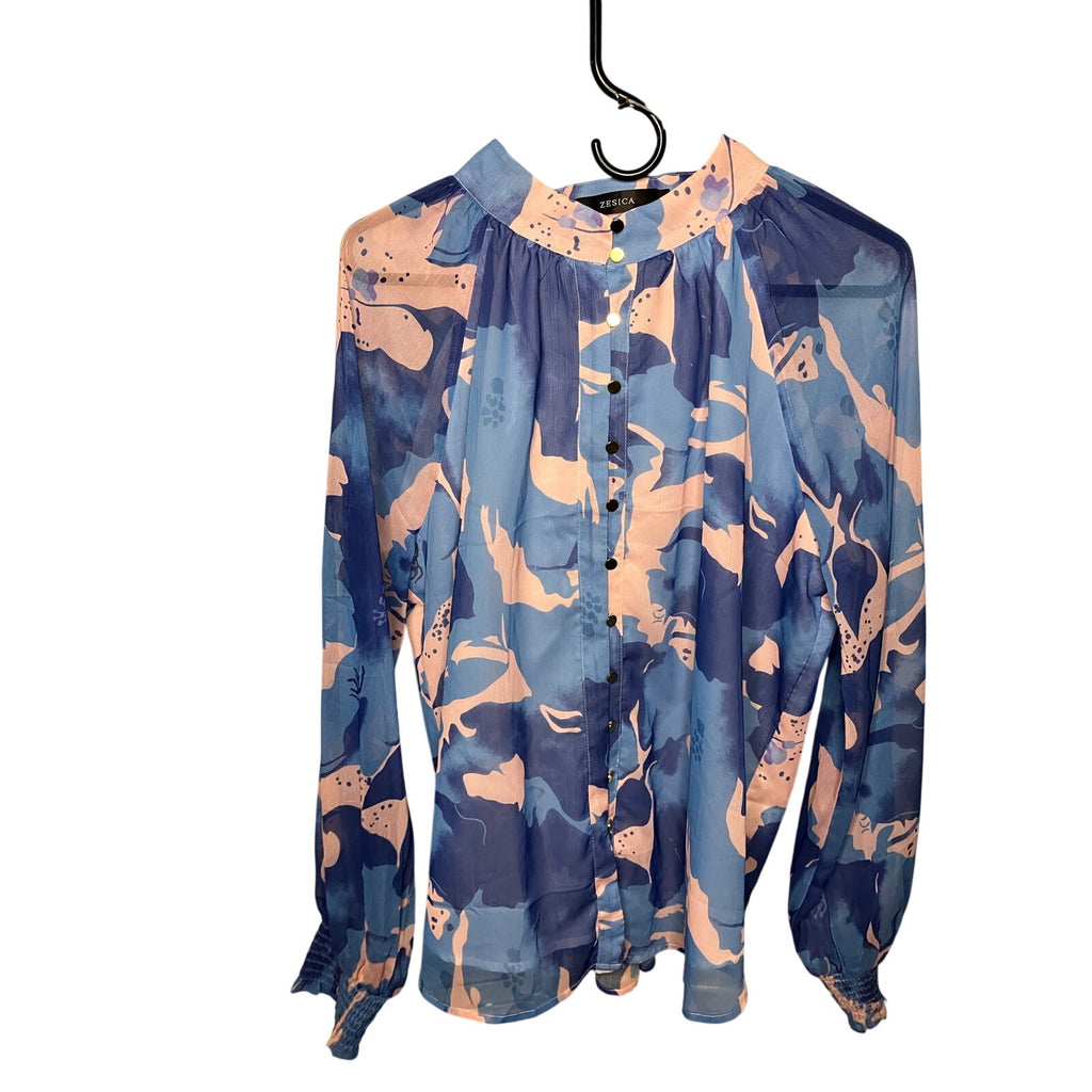 Zesica Women’s Large Blue Pink Abstract Floral Sheer Button Blouse