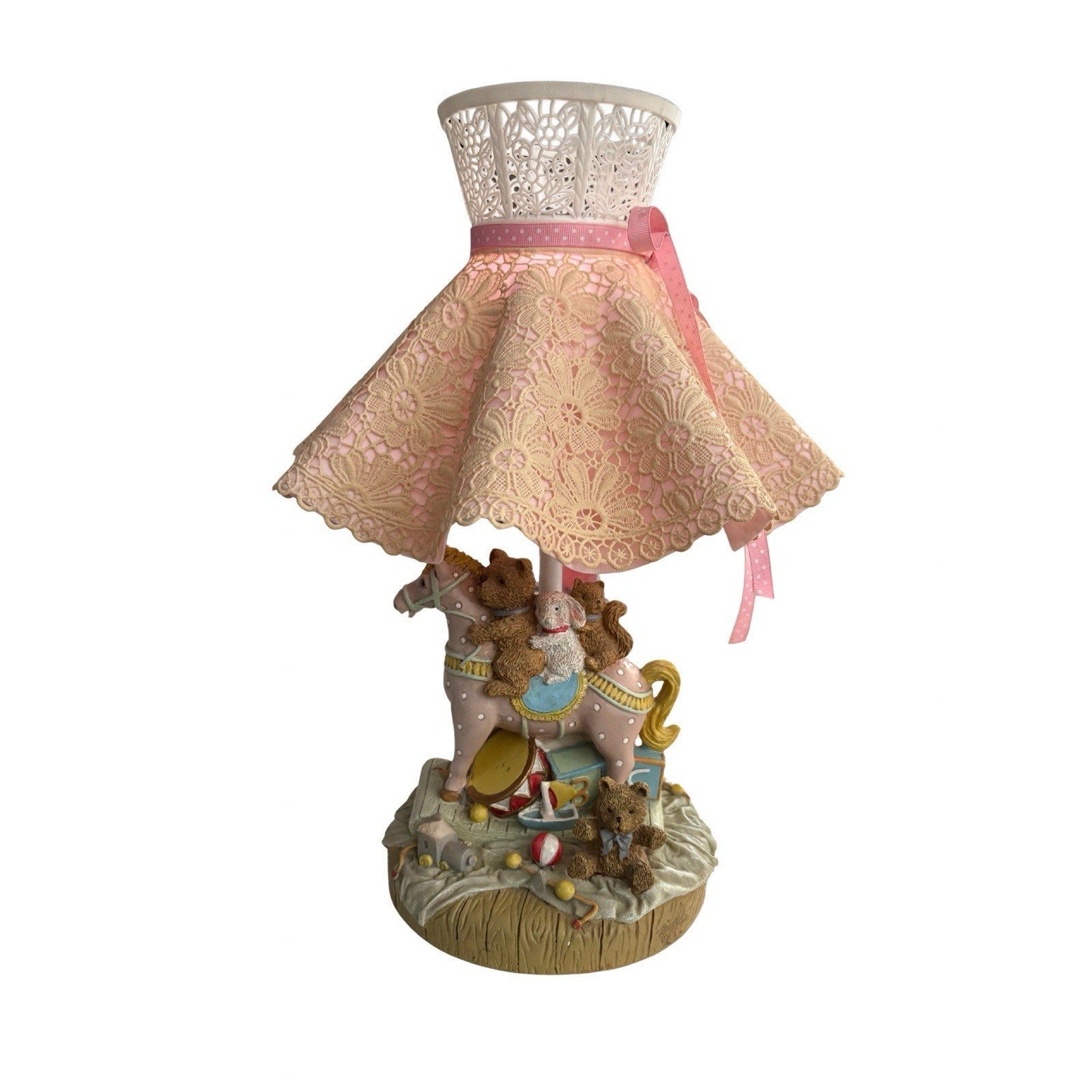 Vintage Teddy Bear Nursery Table Lamp with Pink Lace Shade – 11" Tall