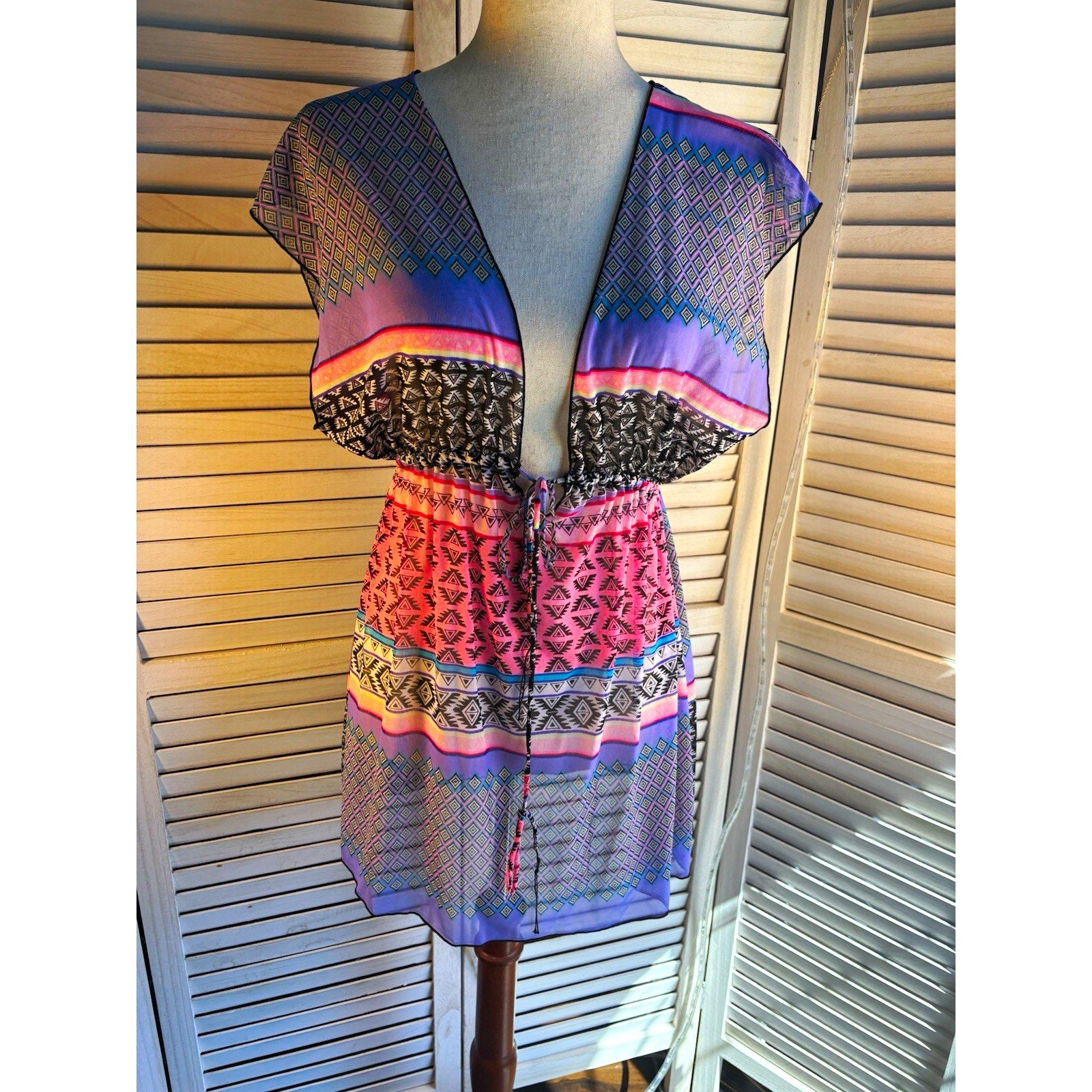 OP Women’s M Purple Pink Black Geometric Mesh Kaftan Dress V-Neck Drawstring