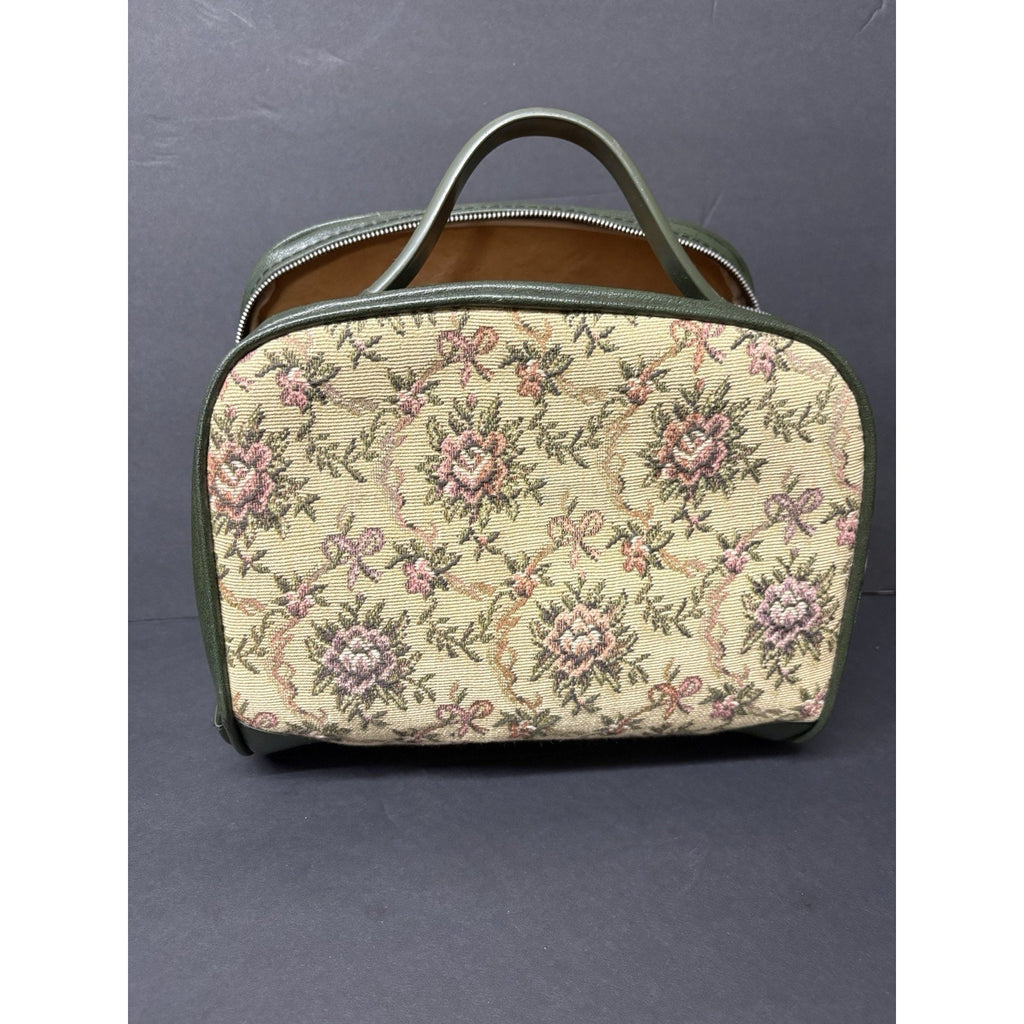 Vintage Floral Tapestry Train Case Cosmetic Bag Green Vanity.
