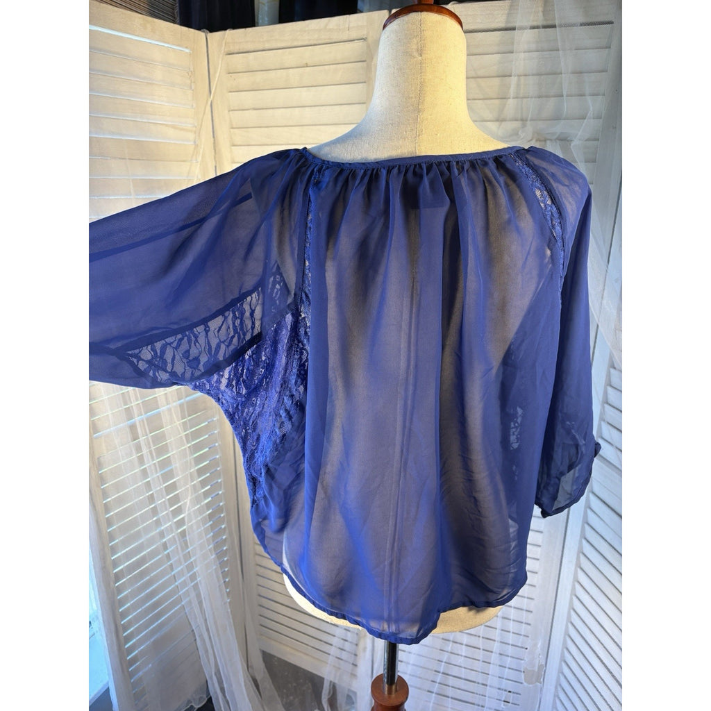 Cotton Express Sheer Chiffon Lace Button-Front Blouse Blue Scoop Neck 3/4 M