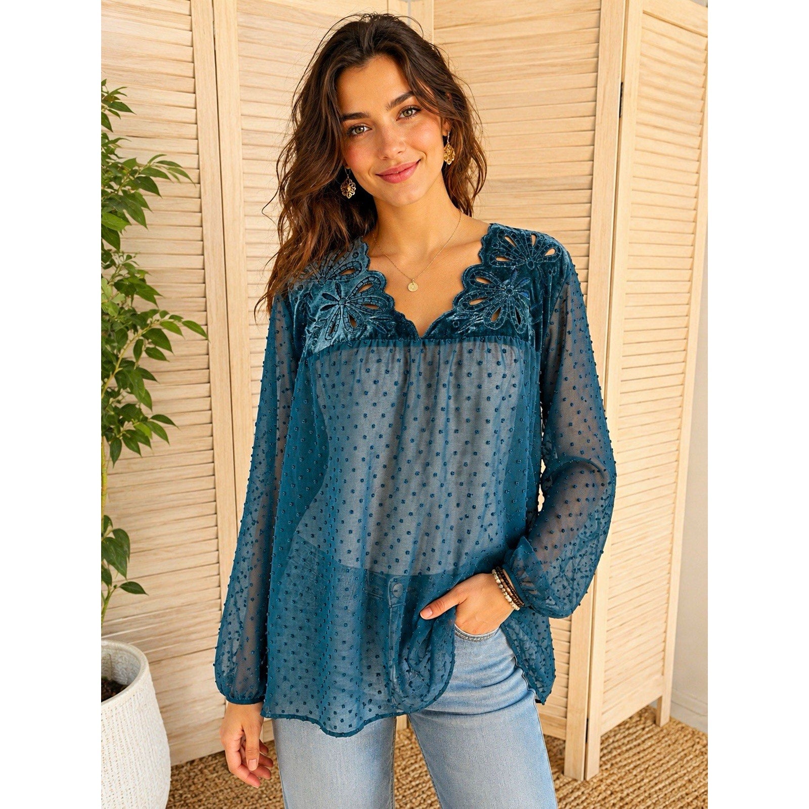 Style & Co Sheer Chiffon Polka Dot Embroidered V-Neck Blouse Blue XL