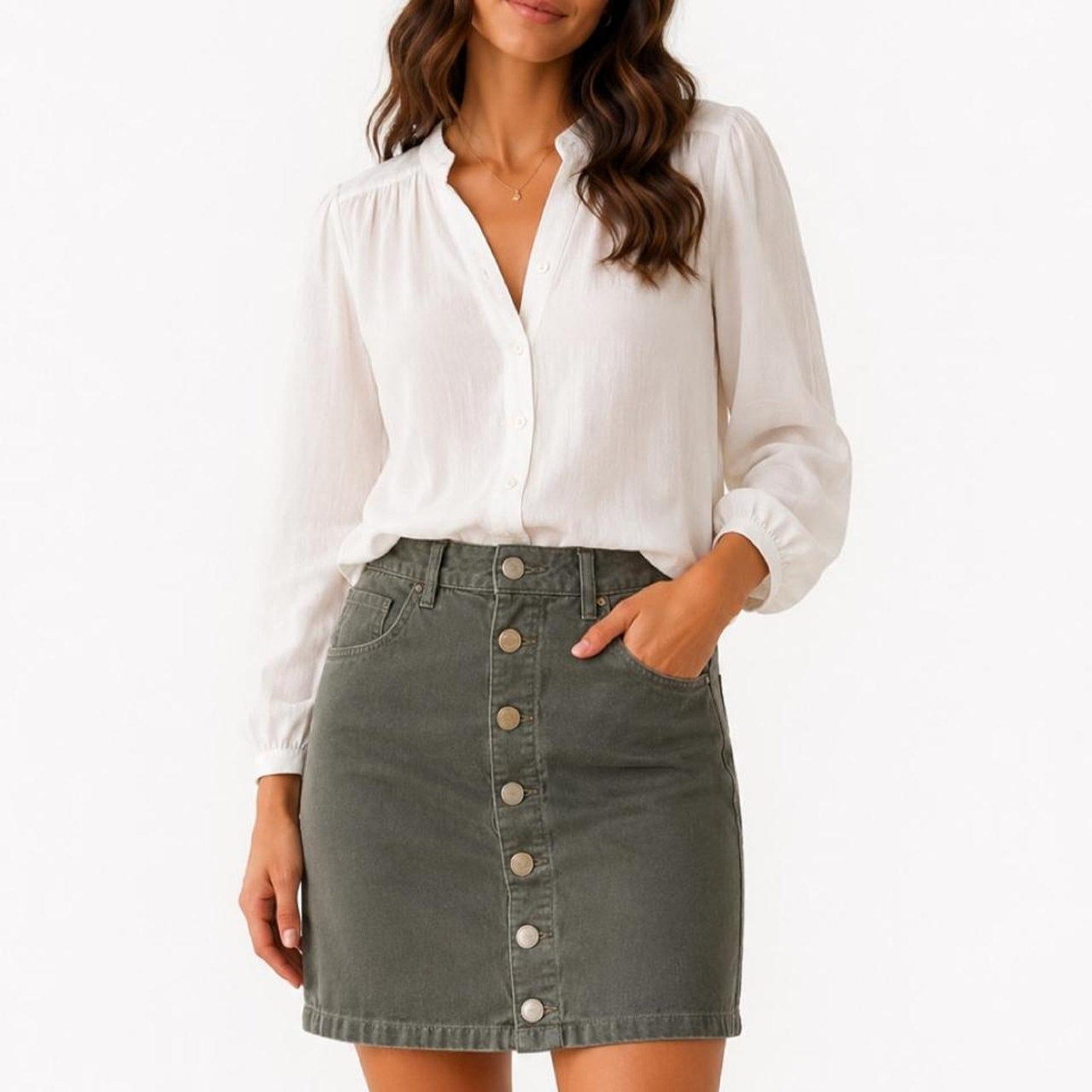 Jones New York green corduroy skirt with button front. Size: 8