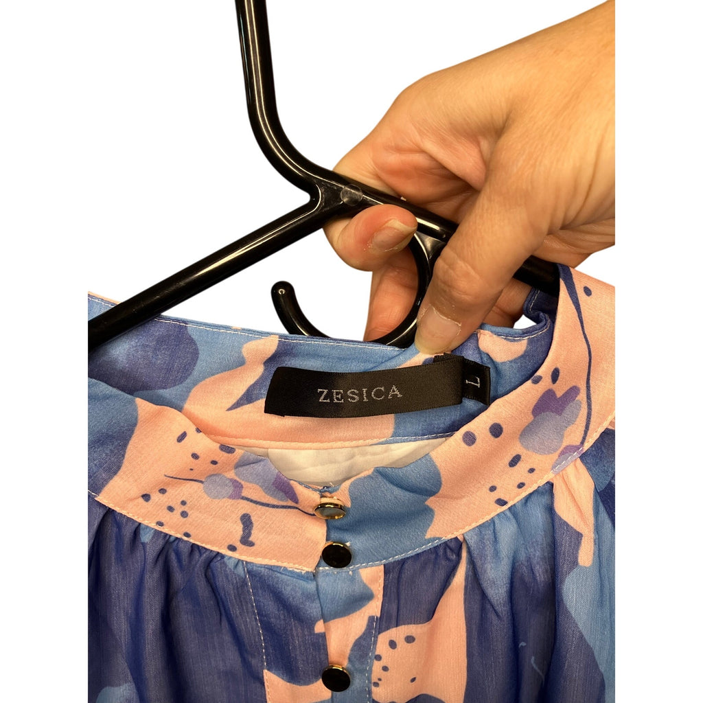 Zesica Women’s Large Blue Pink Abstract Floral Sheer Button Blouse