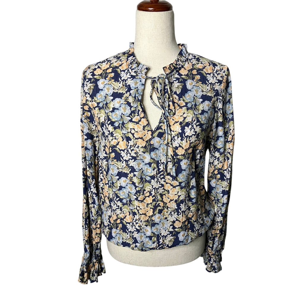 CeCe Women’s Medium Navy Floral Tie Neck Ruffle Long Sleeve Blouse
