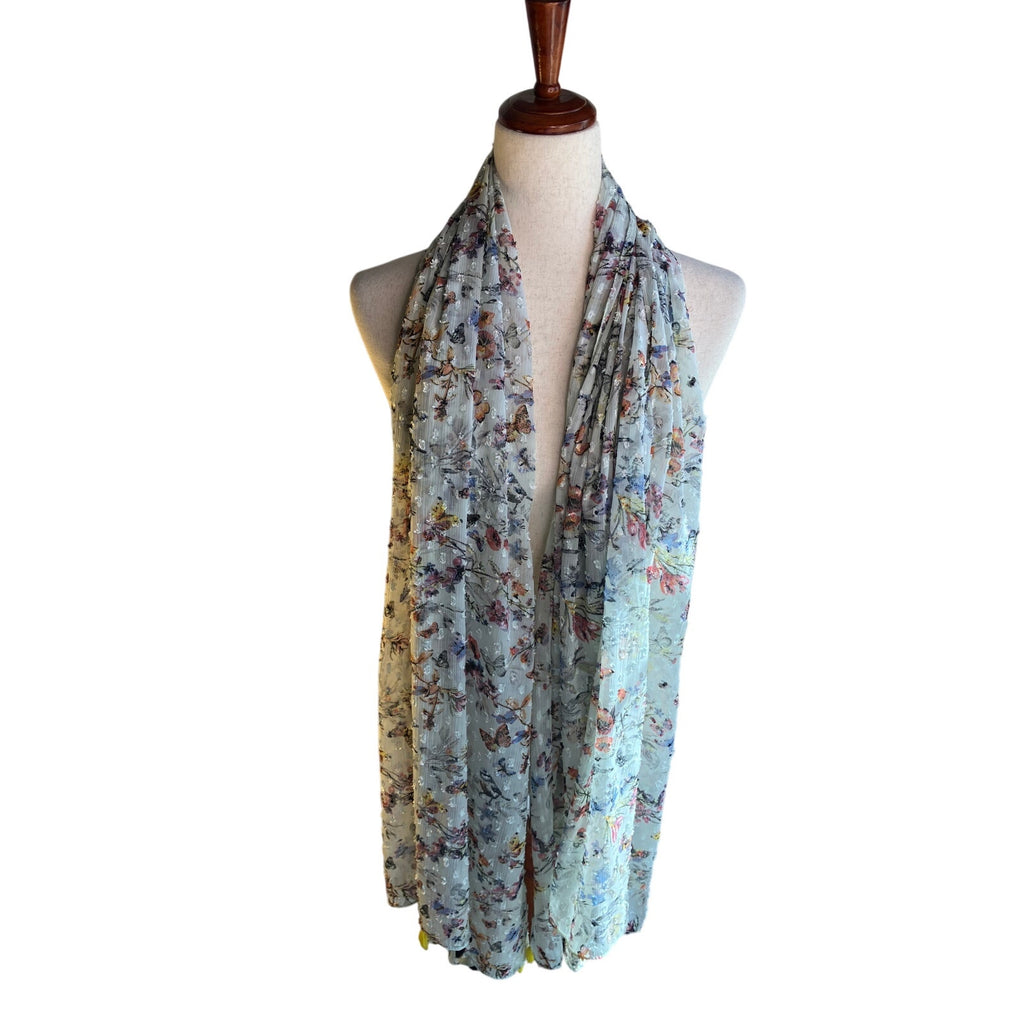 Sheer Sage Floral Butterfly Print Scarf Colorful Tassels Boho Lightweight Wrap