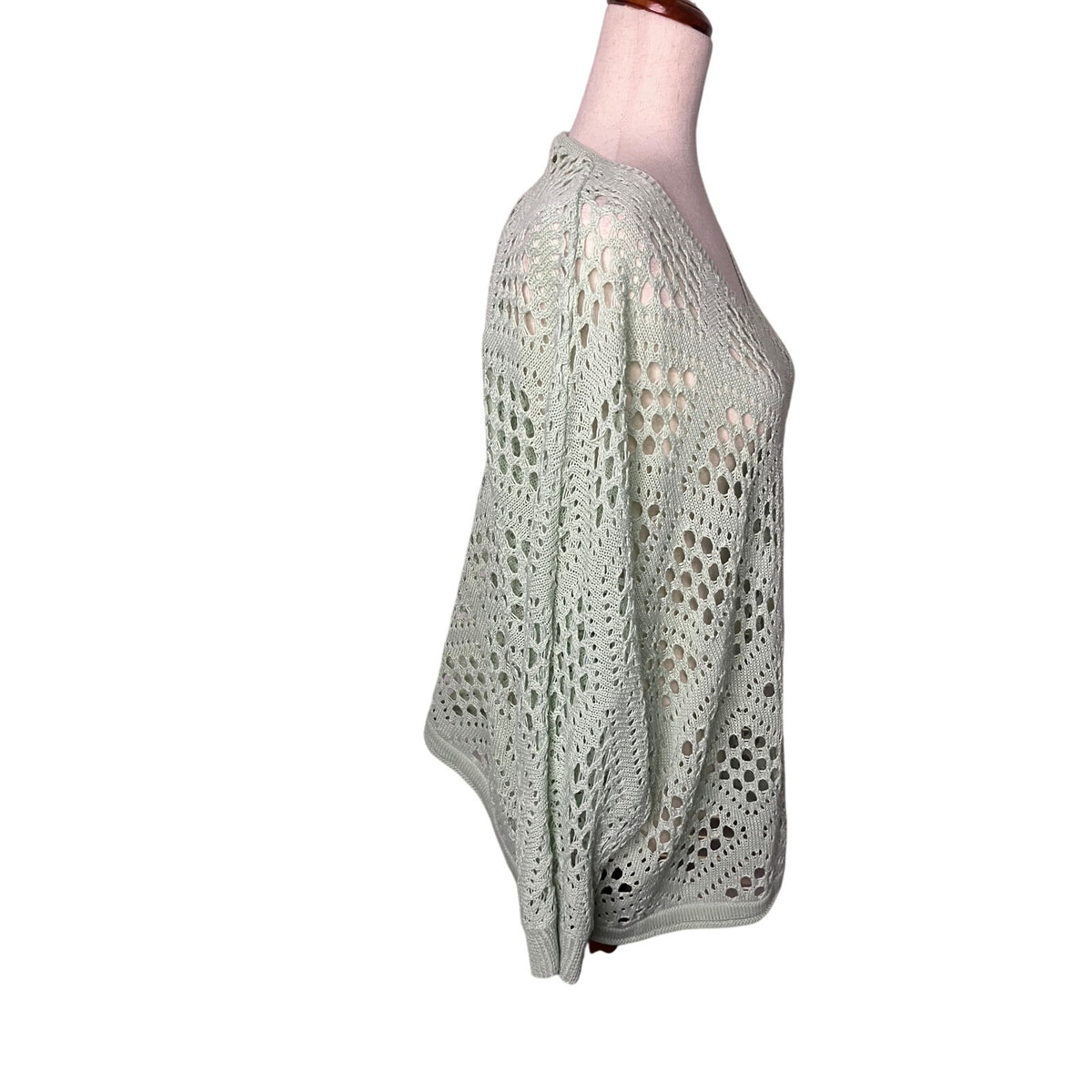 Women’s Medium Mint Green Open Knit Crochet V-Neck Sweater Boho Oversized
