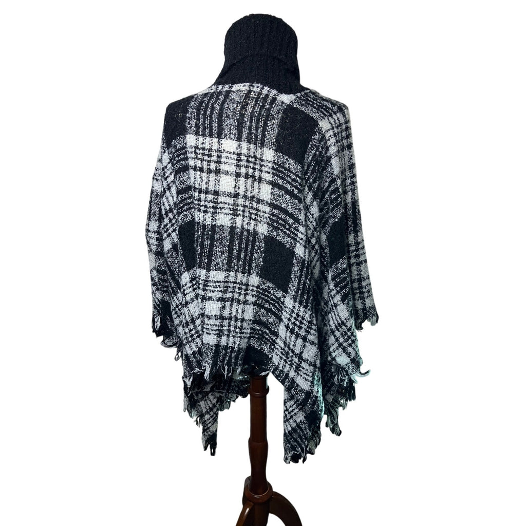 Black White Plaid Turtleneck Poncho Oversized Draped Sweater