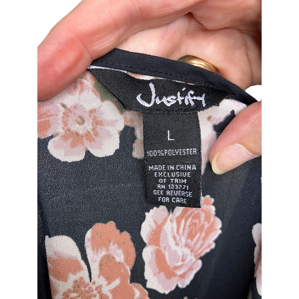 Justify Women’s Large Black Pink Floral Surplice Wrap Front Blouse | Large