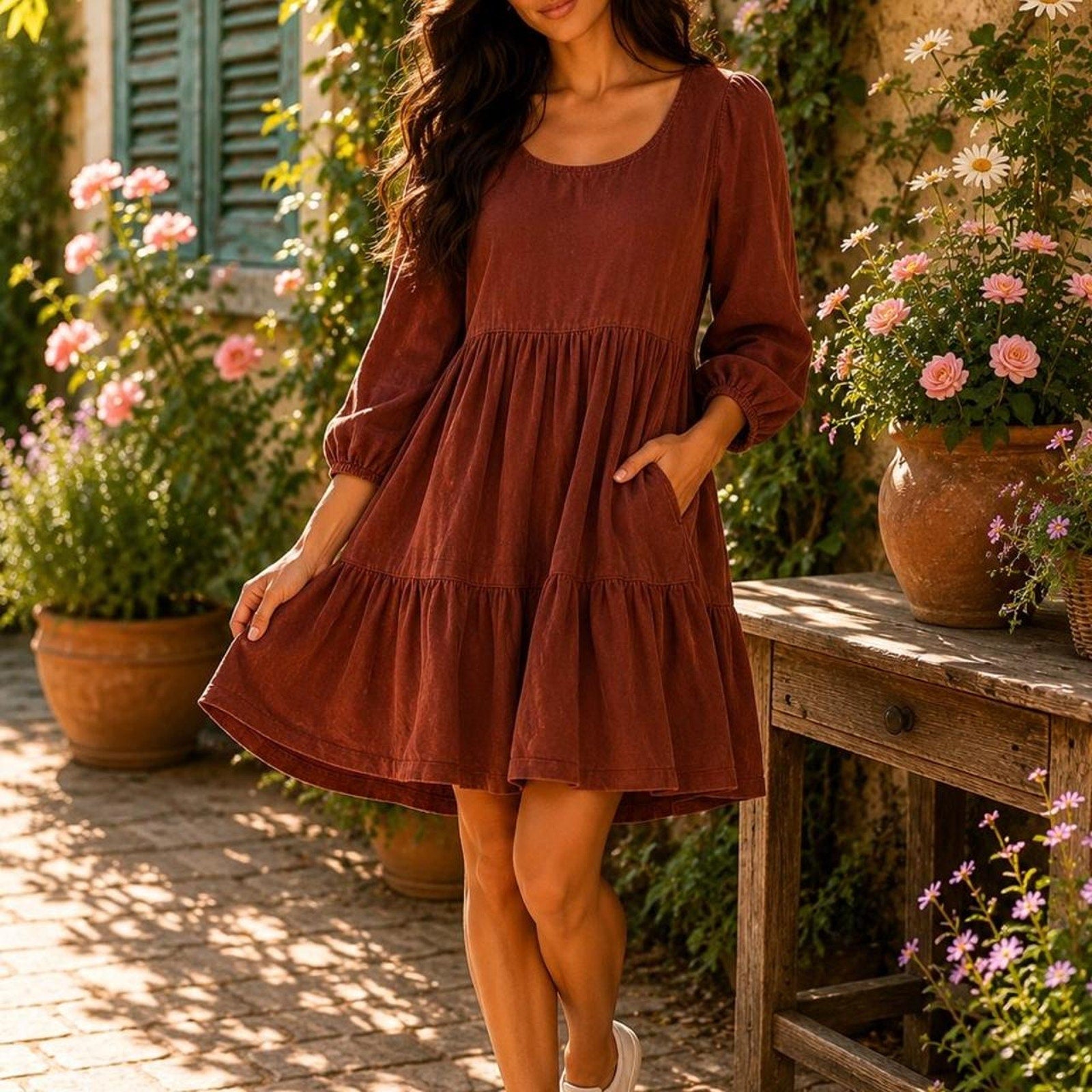 Brown cotton dress with tiered skirt and 3/4 sleeves, size M (8-10)